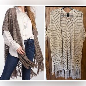 Buckle Black - Beige Pointelle Fringe Cardigan Indie Bohemian Granola Crochet